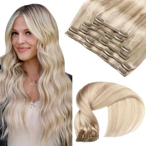 Vista 42 de VINBAO Extensiones de cabello humano con clip, balayage, color marrón ceniza a rubio caramelo, 14 pulgadas, 6 unidades, 3.53 onzas, 6