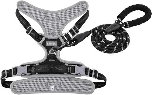 Vista 7 de Arnés ajustable para perro, sin tirones, reflectante, acolchado suave para perros pequeños, medianos y grandes, incluye correa y collar, beige, XS