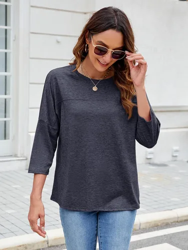 Vista 18 de ZENNILO Camisetas casuales de manga 3/4 para mujer, holgadas, cuello redondo, lindas camisetas básicas