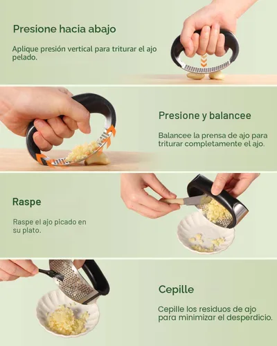 Vista 4 de Vantic Prensa de Ajo Basculante - Trituradora de Ajo de Acero Inoxidable, Picadora y Cortadora con Pelador y Raspador, Utensilio de Cocina Fácil