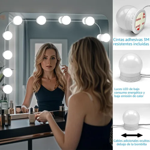 Vista 4 de Luces LED para espejo de tocador con 12 focos adhesivos regulables, 3000K 4500K 6500K y 10 niveles de brillo ajustables, enchufe con cable USB