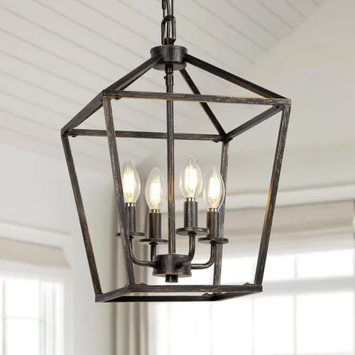 Vista 9 de Lámpara de araña de granja de 4 luces, lámpara de techo rústica tipo linterna con jaula de metal pintado de madera y cadena ajustable, luminaria