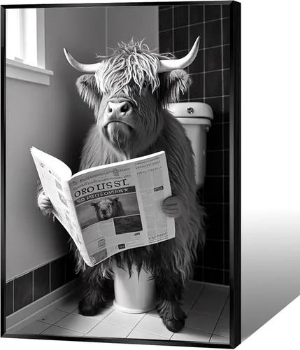 Vista 29 de KOEUIRW Divertido lienzo de baño de vaca de las tierras altas, arte de pared de cuernos largos en blanco y negro en el inodoro, póster estético
