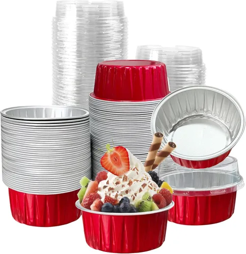 Vista 10 de 100 piezas de tazas de aluminio con tapas, 5 onzas de tazas desechables de ramekin para hornear, forros para magdalenas, mini moldes para tartas