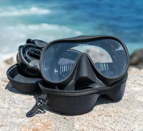 Vista 5 de Juego de máscara de buceo HD de gran angular y esnórquel de viaje, sin marco, vidrio templado, silicona suave de calidad, antivaho, resistente a