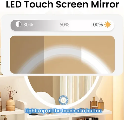 Vista 3 de Escritorio de maquillaje con espejo y luces, moderno escritorio de maquillaje para dormitorio, con mucho almacenamiento, 3 modos de iluminación