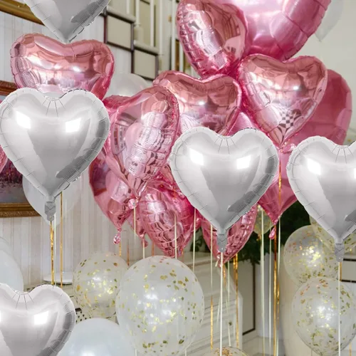 Vista 3 de 20 globos de corazón rosa y plateado de 18 pulgadas, globos de papel de aluminio de Mylar en forma de corazón, globos de aluminio metálico, globos