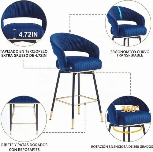 Vista 3 de Taburetes de bar giratorios con taburetes de altura de barra trasera, taburetes de cocina de 40 pulgadas, color azul