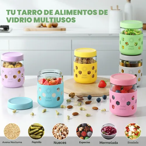 Vista 5 de Paquete de 4 recipientes para avena nocturna con tapas de vidrio engrosado, frascos Mason de 16 oz con fundas de silicona, herméticos a prueba