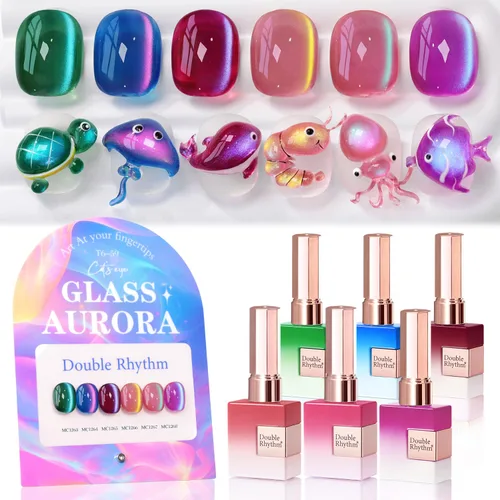Vista 20 de Double Rhythm - Juego de esmalte de uñas de gel ojo de gato de 6 unidades, mismo color, misma botella, 14.8 ml, brillo con glitter, con imán Aurora