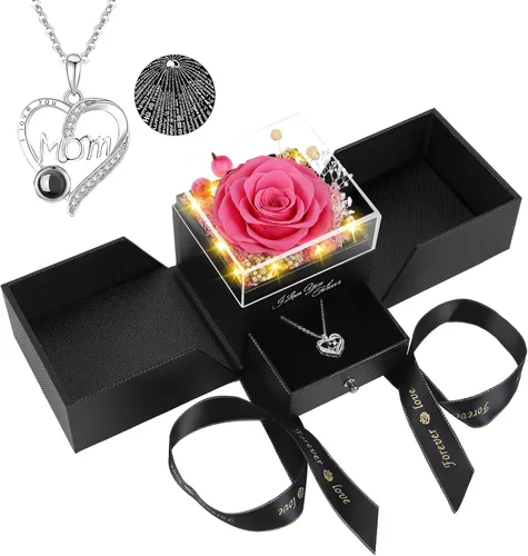 Vista 10 de Collar de rosas reales preservadas azules en caja con texto "I Love You" en 100 idiomas - Regalo único para mujeres, mamá, esposa, novia en el día