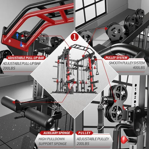 Vista 4 de XGSW Smith Machine Gimnasio en casa, jaula de potencia multifunción con sistema cruzado de cable de polea doble, estante para sentadillas