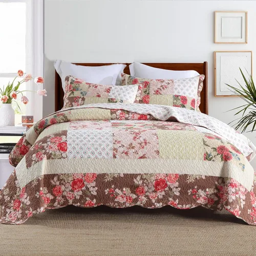 Vista 17 de ABREEZE Juego de edredón de retazos, ropa de cama tamaño Queen, reversible, transpirable, colorido, colcha acolchada floral con fundas de almohada