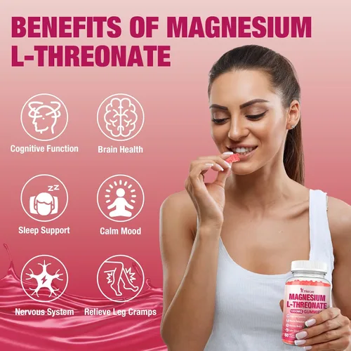 Vista 3 de Gomitas de magnesio L-treonato de 1000 mg, suplemento de treonato de magnesio sin azúcar para niños y adultos, soporte del sistema nervioso