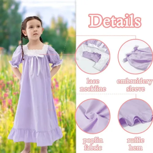 Vista 4 de Camisones para niñas, vestidos de pijama de princesa de algodón, ropa de dormir vintage suave (niños pequeños, niños)