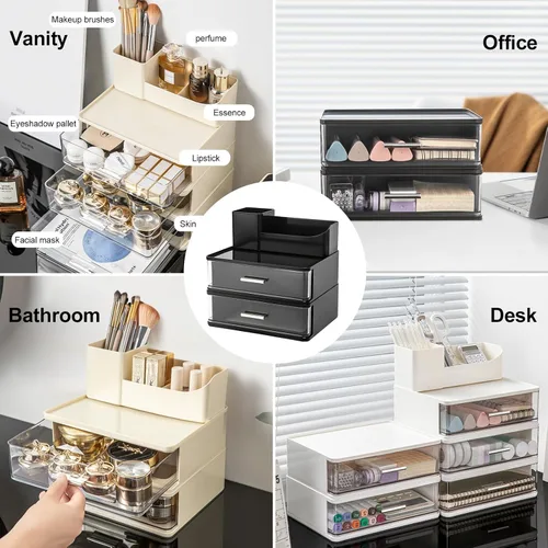 Vista 4 de DASITON Organizador de maquillaje para tocador con 2 cajones, organizador de cosméticos apilable con soporte para brochas de maquillaje, organizador