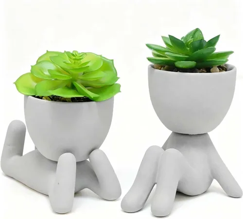 Vista 11 de Zerzsy 3 plantas suculentas artificiales con macetas creativas de cerámica en forma de humano, mini plantas en maceta, plantas falsas de baño Negro