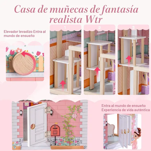 Vista 3 de ROBUD Casa de madera para muñecas, juego de casa de muñecas con 24 piezas de accesorios exquisitos, ascensor que funciona, regalo para niños de 3