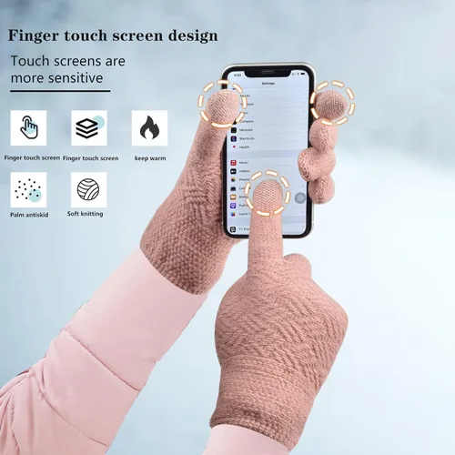 Vista 3 de Juego de 3 gorros de punto de invierno para mujer bufanda y guantes para pantalla táctil con pompón