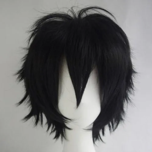 Vista 2 de Peluca de pelo completo unisex suave abultada lisa para cosplay, disfraz de anime, Negro