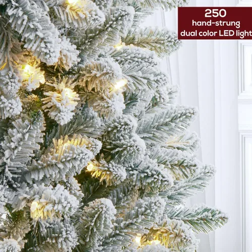 Vista 3 de Árbol de Navidad artificial de 1.8 m con nieve esmerilada preiluminada, árbol de Navidad artificial con 250 luces LED que cambian de color cálido