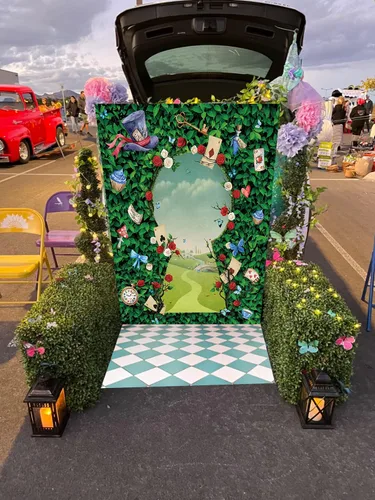 Vista 5 de Fondo para fotografía de fiesta de té de rosas, hojas verdes, sombrero mágico, decoración de tablero de ajedrez, princesa, niñas, cumpleaños