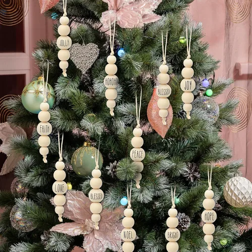 Vista 5 de 24 Piezas Adornos Navideños de Cuentas de Madera Estilo Granja para Árbol con Palabras de Bendición Decoraciones Rústicas Colgantes de Navidad