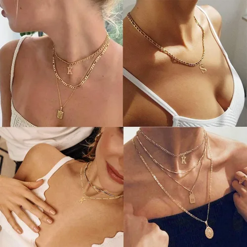 Vista 7 de FOCALOOK Collares de letras iniciales de oro para mujeres y hombres, chapados en oro de 14 quilates, cadena de letras iniciales de la A a la Z, 16