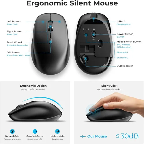 Vista 7 de iClever Combo de teclado y mouse inalámbricos Bluetooth DK05, gris espacial Gris y negro