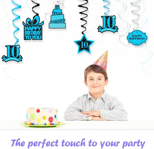 Vista 6 de Cartel colgante de feliz cumpleaños número 10 con diseño de remolinos y estrellas, confeti de felicitación a los 10 años de edad, cumpleaños, Hello