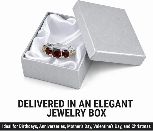Vista 6 de 3 Stone Garnet Ring Silver with 14K Gold Plating January Birthstone Ring Cojín.