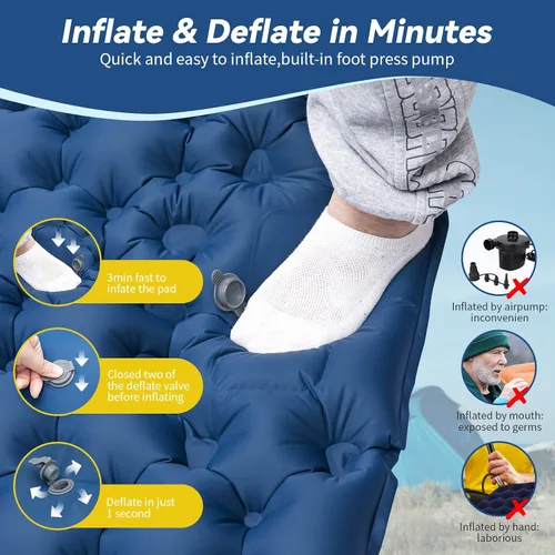 Vista 4 de HiiPeak Estera de camping doble inflable con bomba de pie y almohada, colchón de aire ultraligero para 2 personas, cama de dormir portátil compacta