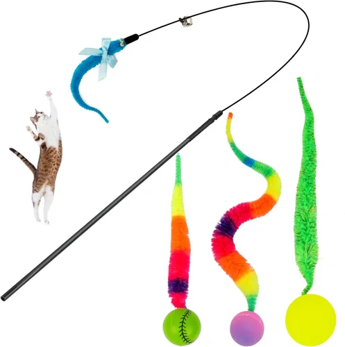 Vista 12 de SHENGSEN Juguete de varita de plumas para gatos, pelota inflable con cola para gatos, gusano mágico con juguete de bola grande y colorida
