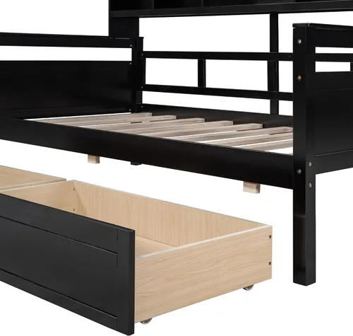 Vista 9 de Sofá cama de tamaño individual con cajones, sofá cama individual de madera con estante de noche, soporte de listones de madera, espresso
