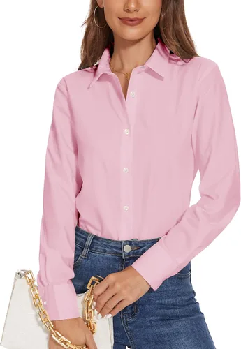 Vista 10 de YAMANMAN Camisas de vestir con botones para mujer, blusas de manga larga con cuello sin arrugas, blusas de trabajo sólidas Blanco