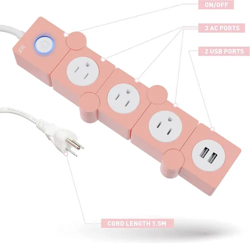 Vista 10 de iJoy - Tira de enchufes flexible: 3 salidas de corriente alterna y 2 puertos de carga USB con cable de extensión rosa, tiras de enchufes