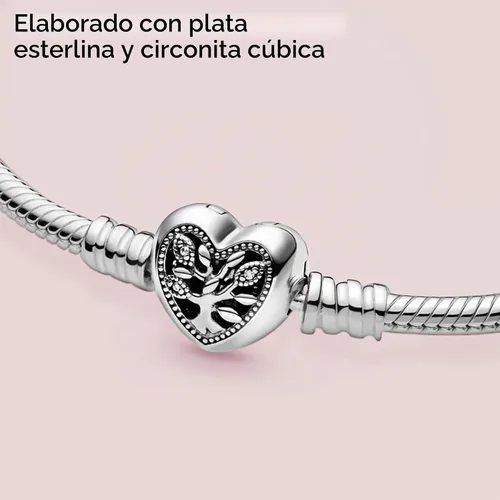 Vista 5 de PANDORA Moments Pulsera de cadena de serpiente con cierre de corazón de árbol genealógico – Dijes compatibles con Moments – Pulsera de plata de ley