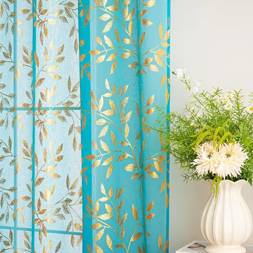 Vista 34 de Deeprove Cortinas traslúcidas color aguamarina y dorado de 63 pulgadas de largo, 2 paneles para decoración de dormitorio, cocina, decoración