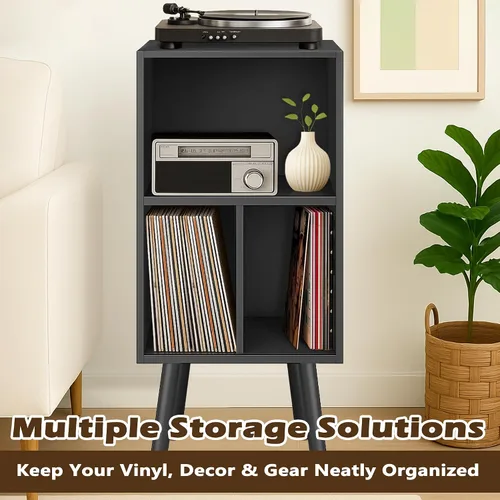 Vista 6 de Soporte para tocadiscos con almacenamiento de vinilo, soporte de madera para discos de vinilo de 3 niveles, gabinete para tocadiscos, soporte