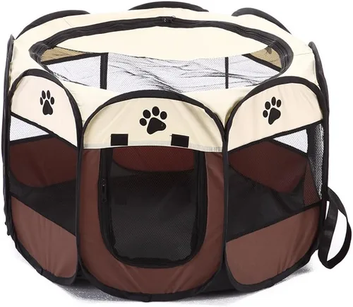 Vista 2 de S-Lifeeling Corralito plegable para mascotas, perrera extraíble, perro, gato, conejo, malla, cubierta de malla, portátil, impermeable, plegable, Café