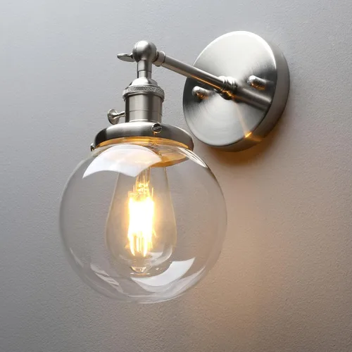 Vista 7 de PERMO Aplique de Pared Industrial Vintage con Mini Pantalla Globo Redonda de Vidrio Transparente Soplado a Mano de 5.9" (Cromado)