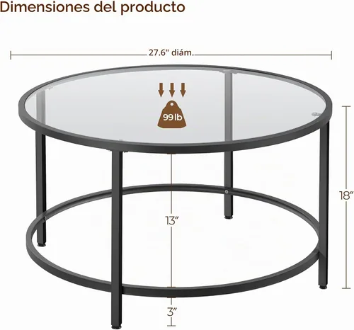 Vista 3 de Yaheetech Mesa de centro redonda de cristal de 27.6 pulgadas, mesa de centro pequeña para sala de estar, mesas de centro circulares negras con parte