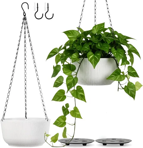Vista 11 de Juego de 2 macetas colgantes para plantas de interior y exterior, macetas colgantes de riego automático de 8 pulgadas con platillo interno, orificio