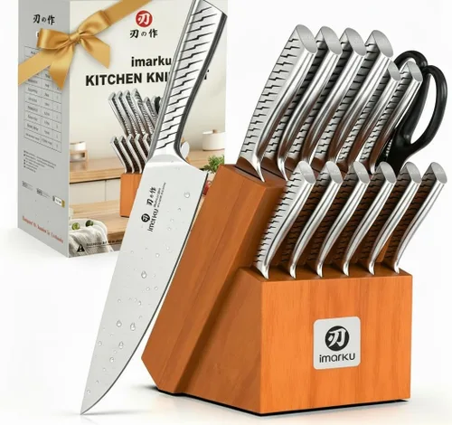 Vista 18 de imarku Juego de 15 cuchillos con afilador integrado, juego de cuchillos de cocina de acero inoxidable japonés de alto carbono, apto
