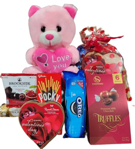 Vista 5 de Regalo del día de San Valentín osito de peluche con chocolates y galletas surtido, 10 pulgadas (blanco)
