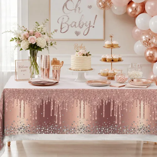 Vista 5 de 3 manteles desechables de polietileno de 71 x 42 pulgadas con diamantes, color oro rosa, para cumpleaños, bodas, baby shower, aniversario, fiesta