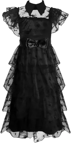 Vista 5 de Vlinsha Wednesday Addams Costumes Dress for Girls Kids, Wednesday Costume Birthday Halloween Cosplay Party Dress With Belt