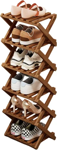 Vista 13 de YYW Zapatero de bambú para entrada, estantes de zapatos de pie libre, estante de armario, organizador vertical plegable de almacenamiento de zapatos