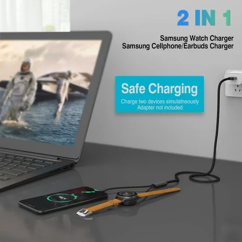 Vista 7 de Cargador magnético 2 en 1 USB-C para Samsung Galaxy Watch 7/6/5/4/3/Classic, Pro 5/4, Active Watch 2/1, Galaxy Buds/Live/+, cable de carga rápida