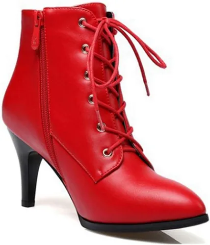 Vista 3 de MIOKE Botas de tobillo de tacón de aguja para mujer, botas puntiagudas con cordones y cremallera, botas cortas